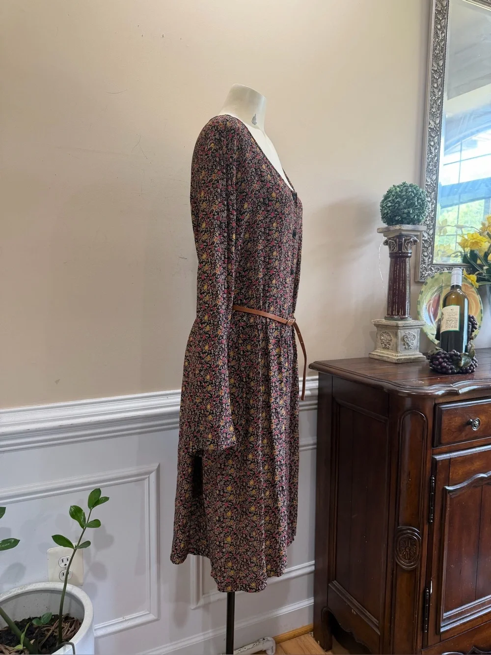 Vintage Putumayo Floral Long-Sleeve Button Front Dress in Brown